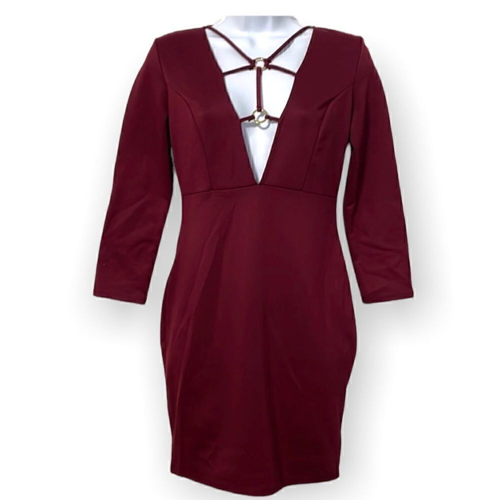 Charolette Russe Deep Plunge V Cut Caged Bodycon Burgundy Dress Sz Small